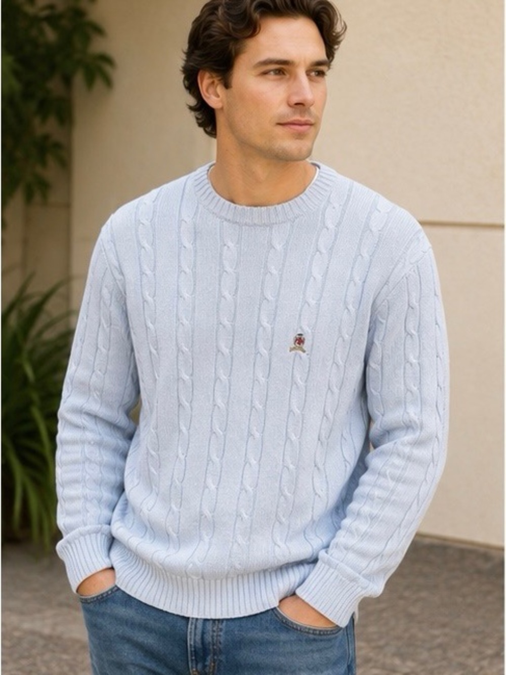 Tommy Hilfiger Light Blue Cable Knit Crewneck Sweater